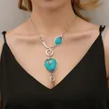 Bohemian necklace with cracked turquoise stones and retro snail heart pendant design - Vintage Spiral Snail Style (1619) / Antique Silver