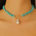 Bohemian turquoise stone choker with gold OT buckle and baroque pearl pendant - Gravel OT Buckle Artificial Pearl Pendant (WG-1149) / Blue