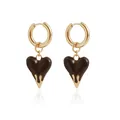 Elegant gold hoop earrings featuring chocolate brown lava heart-shaped pendants. - Style 2 Double Heart Earrings (ZW1275) / Coffee