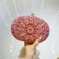 Luxury sparkling pink crystal evening clutch bag with elegant floral rhinestone pattern. - Rose Red