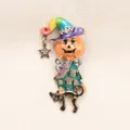 Vintage Halloween pumpkin brooch with witch hat and black cat in colorful enamel finish. - Vintage Halloween Multicolor (S2-5-8504)