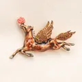 Elegant vintage Pegasus brooch with amber rhinestones and a small red rose detail - Brown