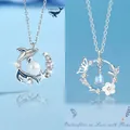 Elegante zilveren walvis parel ketting en vlinder bloem hanger sieraden set cadeau - Walvisval + Vlinder Bloem
