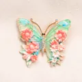 Spilla a farfalla vintage con fiori in smalto colorato e cristalli scintillanti - Forma di Farfalla / Floreale Rosa e Bianco (S2-2-8450)