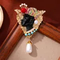 Broche vintage profil noir exotique avec strass colorés et perle pendante - Style Portrait de l'Égypte Ancienne (S1-2-8363)