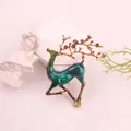 Vintage green enamel deer brooch with elegant floral antlers and golden accents pin - Green Enamel Red Flower Deer (K7-2-3019) / Verdant