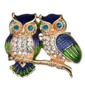 Close-up detail of a creative enamel owl brooch with sparkling blue and green rhinestones. - Blue Green Gradient Double Owl (K4-4-2457)