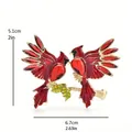 Vibrant red cardinal bird enamel brooch featuring elegant golden branch details, 2.6in - Double Bird Cardinal Style (O7-6-5628)