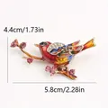 Elegant vibrant enamel bird on branch brooch with sparkling pink rhinestones and dimensions - Colorful Enamel Bird on Branch (P4-3-6207)