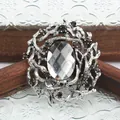 Elegante vintage zilveren takbroche met centrale ovale kristal en donkere strass - Transparante Kristalstijl
