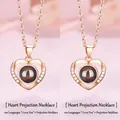 Elegant rose gold heart projection necklace with 100 languages I love you inside - Simple Heart + Simple Heart [Simple Packaging]