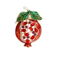 Elegant pomegranate fruit brooch pin with red stones and green enamel leaves for women - Red