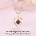 Rose gold heart-shaped projection necklace featuring I love you in 100 languages - Swirl Heart / Gift Box / Rose Gold