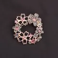 Floral wreath brooch pin with pink and grey rhinestones in rose gold finish - Rose Gold Pink Grey Sakura (C2-5-9179)