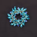 Floral wreath brooch with blue and cyan rhinestones on a gold-tone base - Gold & Dark Blue Wreath (M6-6-4881) / 5.5cm (2.17inch)