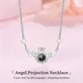 Macro detail of silver angel wing projection necklace with 100 languages I love you stone - Angel Wing Style (Simple Packaging)