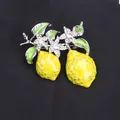 Sparkling yellow enamel lemon fruit brooch pin with rhinestones in a silver finish - Yellow/Silver (Double Lemon with Flower)
