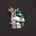 Artistieke groene kikker op zilveren paddenstoel emaille broche vintage dierenspeld - Groene Emaille Kikker Paddestoel Libel (O4-3-5310)