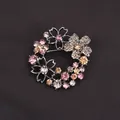 Floral wreath brooch with pink and amber rhinestones on a dark fabric background - Silver & Pink Amber Wreath (E4-2-9231) / 5.5cm (2.17inch)