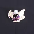 Elegant purple enamel goldfish brooch with sparkling rhinestones and a large faux pearl - Purple White Enamel Artificial Pearl (O7-3-5584)
