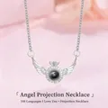 Elegant silver angel wing projection necklace featuring 100 languages I love you stone - Angel Wing Style (Gift Box)