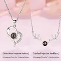 Silver heart and antler necklaces with I love you 100 languages projection stone - Heart and Antler Style (Gift Box)