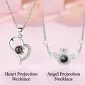 Elegant silver heart and angel wing projection necklace with 100 languages of I love you - Heart and Angel Wing Style (Gift Box)