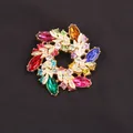 Elegant floral wreath brooch with vibrant colorful gemstones and golden leaf accents - Rainbow Wreath Style (B2-6-5185) / Multicolor