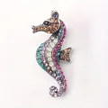 Macro view of a vibrant seahorse brooch embellished with multi-colored sparkling rhinestones. - Silver Base Colorful Pave (j9-3-1443)