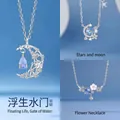 Elegante sterling zilveren ketting met maan en sterren en blauwe edelsteen hanger - Zwevende Maan + Sterren Rond de Maan + Eeuwige Bloem / Eenvoudige Verpakking