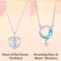 Elegante halsketten met hart- en halve maan hangers, kristallen en blauwe stenen. - Heart of the ocean + dreaming stars and moon / Eenvoudige Verpakking