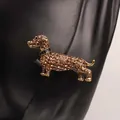 Prachtige elegante goudkleurige teckel broche speld met amberbruine kristallen - Barnsteen Teckel met Groene Halsband
