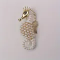 Elegant gold and white enamel seahorse brooch adorned with delicate faux pearl inlay - White Enamel Pearl (h5-6-2549)
