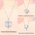 Elegante hartvormige zilveren kettingen met blauwe kristallen en ster-maanhangers - Hart van de oceaan + Moederhart + Sterrenmaan dromen / Eenvoudige Verpakking