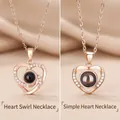 Rose gold heart-shaped projection necklaces with 100 languages I love you stone for her - Heart Swirl and Simple Heart Set