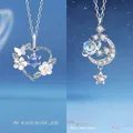 Elegante zilveren kettingen met hart-bloem en maan-ster ontwerpen met blauwe stenen - Hart in Bloei + Dromerig Sterrenstelsel / Eenvoudige Verpakking