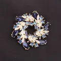 Elegant gold wreath brooch with deep blue crystals and rhinestones for fashion jewelry - Golden Dark Blue Wreath (B2-6-5186)