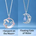Elegant silver snake and crescent moon pendant necklace with sparkling pink star accents - Moon Serpent And Floating Moon