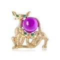 Vintage style gold-toned cat brooch featuring a purple jelly glass orb and green eyes - Double Cat Style (Purple Stone) / Purple