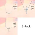 Elegant 3-piece silver necklace set featuring unique bamboo, moon, and pearl designs - 3-Piece Necklace Set 2 / Set of 3