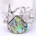 Prachtige zilverkleurige maritieme broche met abalone schelp, zeester en witte parels - Zilveren Koraal Zeester met Regenboogsteen (m6-3-4840)