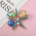 Modieuze emaille broche met zeester en schelp, met kleurrijke strass en parels - Multi-element Zeeleven Combo (d5-4-7252)