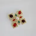 Vintage Baroque cross brooch with pearl and colorful crystals in gold finish. - Multi-Color Gem & Center Pearl Cross Style