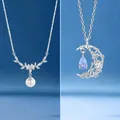 Floral pearl necklace and crescent moon crystal pendant in silver finish - Floral Cluster & Moon Star (Set of 2)