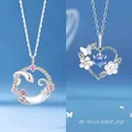 Elegant silver snake and moon pendant necklace with pink gemstones and butterfly design - Snake Moon + Heart Flower Style