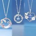 Elegant sterling silver snake and moon pendant necklace with sparkling pink zircon - Snake Moon + Feather + Heart Flower Style
