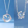Elegant silver necklaces with snake, crescent moon and star motifs, adorned with gemstones - Moon & Snake + Stars Surround Moon