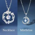 Sierlijke zilveren ginkgo en maretak maan hanger ketting set voor dames als een dromerig sieraad - Ginkgo en Maretak Stijl / 1 Stuk (Eenvoudige Verpakking) / Zilver (Iridiserende Steen)