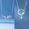 Bamboo and moon star necklaces with blue crystal in silver finish - Bamboo Joint and Star Moon Dream Style