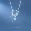 Dromerige zilveren ster-maan ketting met blauwe hanger voor dames gift - Ster Maan Droomstijl / 1 Stuk (Eenvoudige Verpakking) / Zilver Blauw